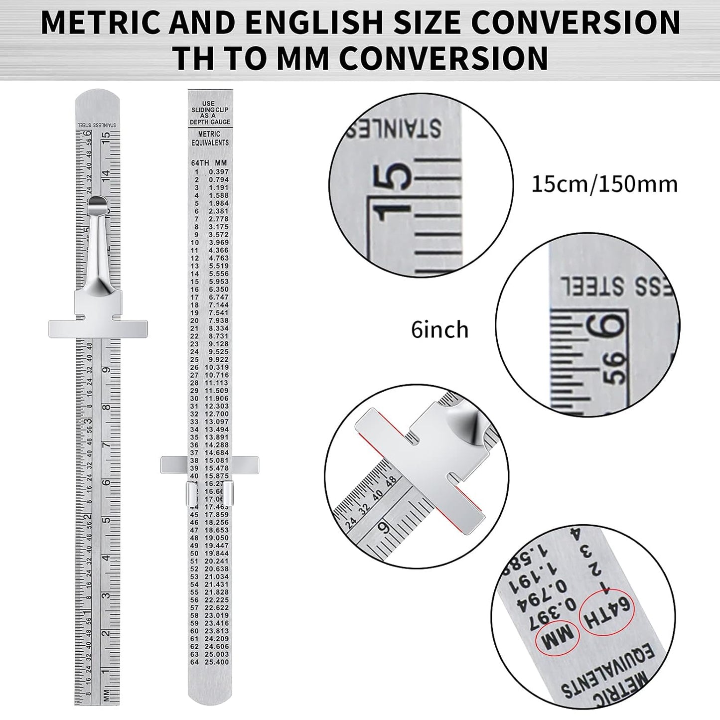 6 Inch 15 cm Pocket Ruler Flexible Precision Stainless Steel Ruler with Detachable Clips Stainless Steel Pocket Clip Scale Gauge Metric British System(2 Pieces)