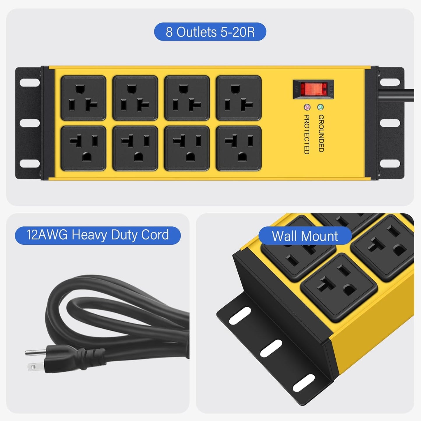 CCCEI 2PCS Heavy Duty Power Strip Surge Protector 20 AMP, 8 Outlets 12 Gauge Shop Garage Metal Multiple Outlets, 6 FT Extension Cord 5-15P Adapter High Amp 6-20R T-Slot 20a for Appliance Yellow.
