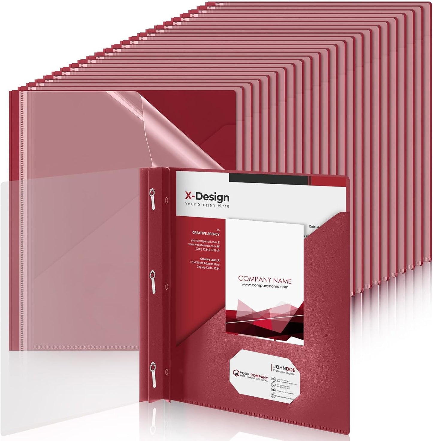 Teling 48 Pack Clear Front Report Covers with 3 Prongs Fasteners, 11.42 x 9.45 Inch Plastic Presentation Folders Bulk, 90 Sheet Capacity, Book File Covers for Office School Business, Red