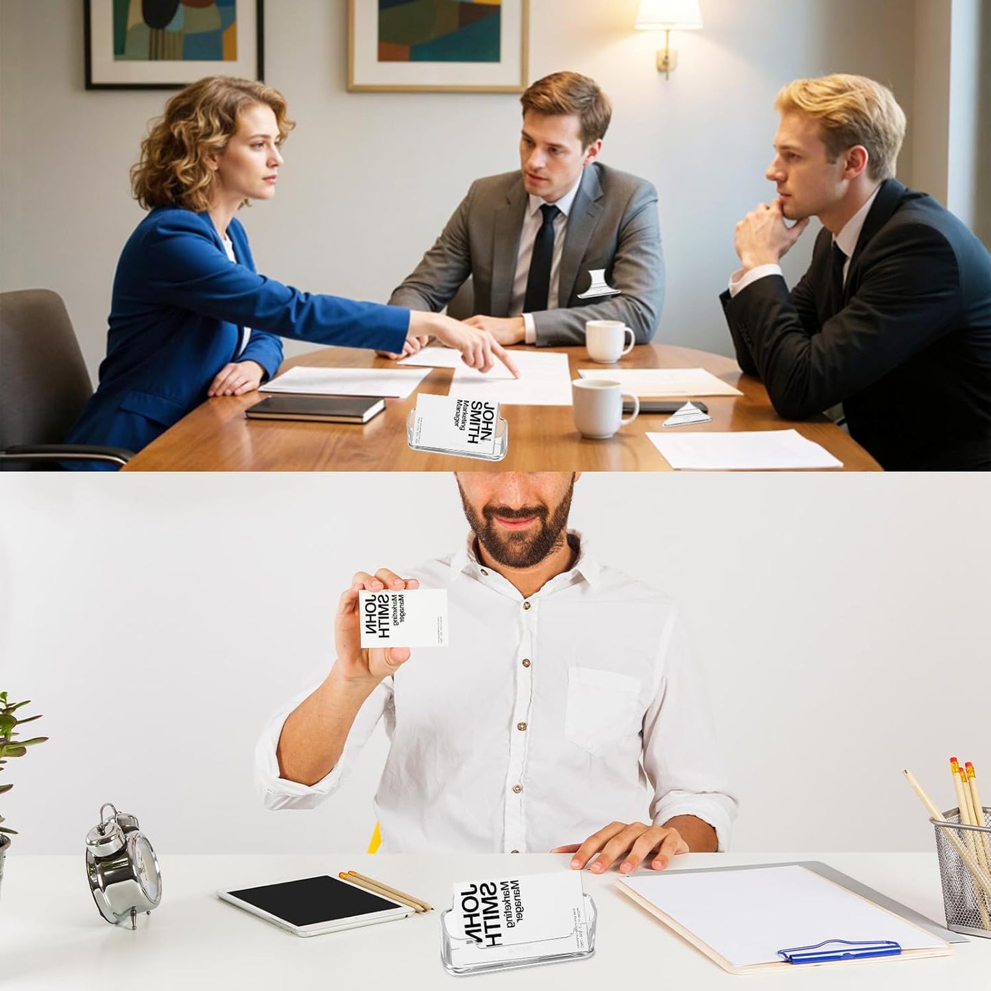 60 Packs Clear Acrylic Business Card Holder Bulk, Clear Card Stand Label Display Table Desktop Organizer for Exhibition Office(Fits 30-50 Cards)