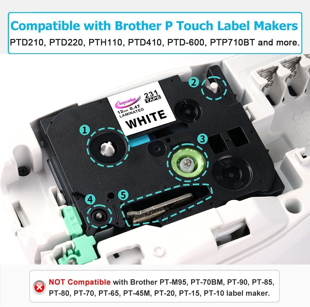 Anycolor 6 Pack Compatible with Brother P Touch 12mm 0.47 Inch Laminated TZ Label Maker Tape TZe TZ Label Tape for Brother Ptouch PT-D220 PT-D210 PT-H110 D410 D600, White/Silver/Red/Blue/Yellow/Green