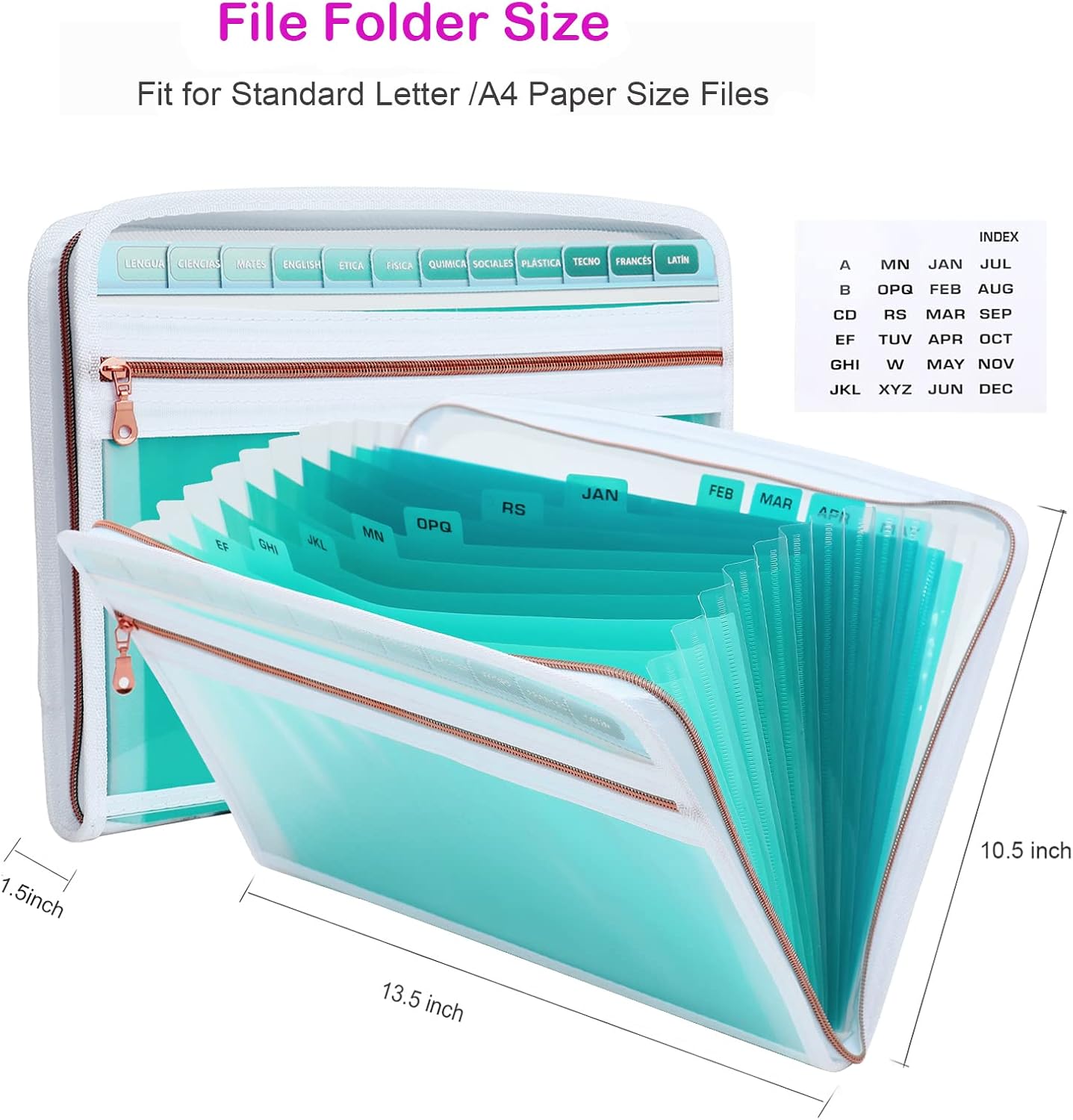 MEGREZ Expanding File Folder with 13 Pockets, 2 Pack A4 Paper File Folder with Zipper Color Labels, Waterproof Accordion File Folder Organizer for Home Office, Green & Pink