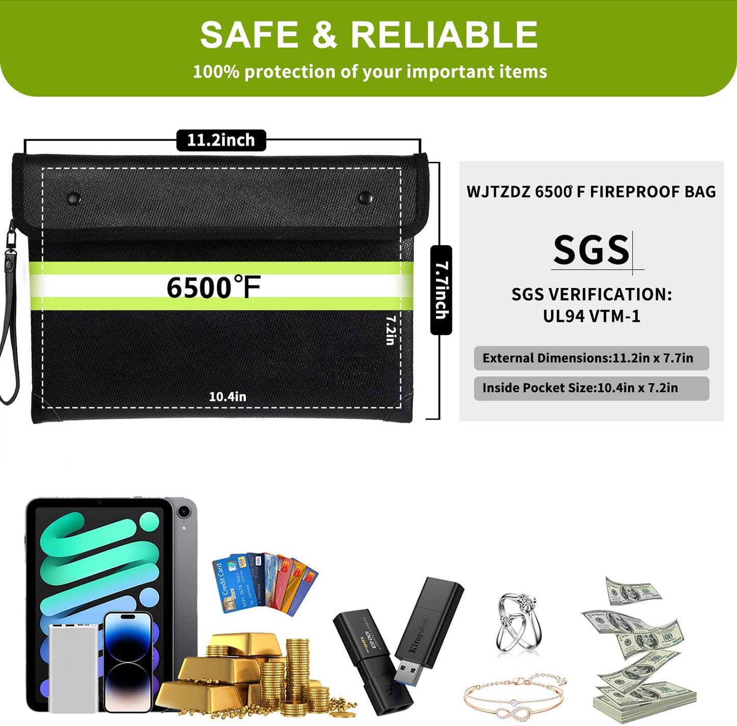 6500°F Fireproof Document Bag,Upgraded Fireproof Money Bag with Waterproof Zipper,10 Layers Heat Insulated Materials/Reflective Strip with Handle for Important Documents