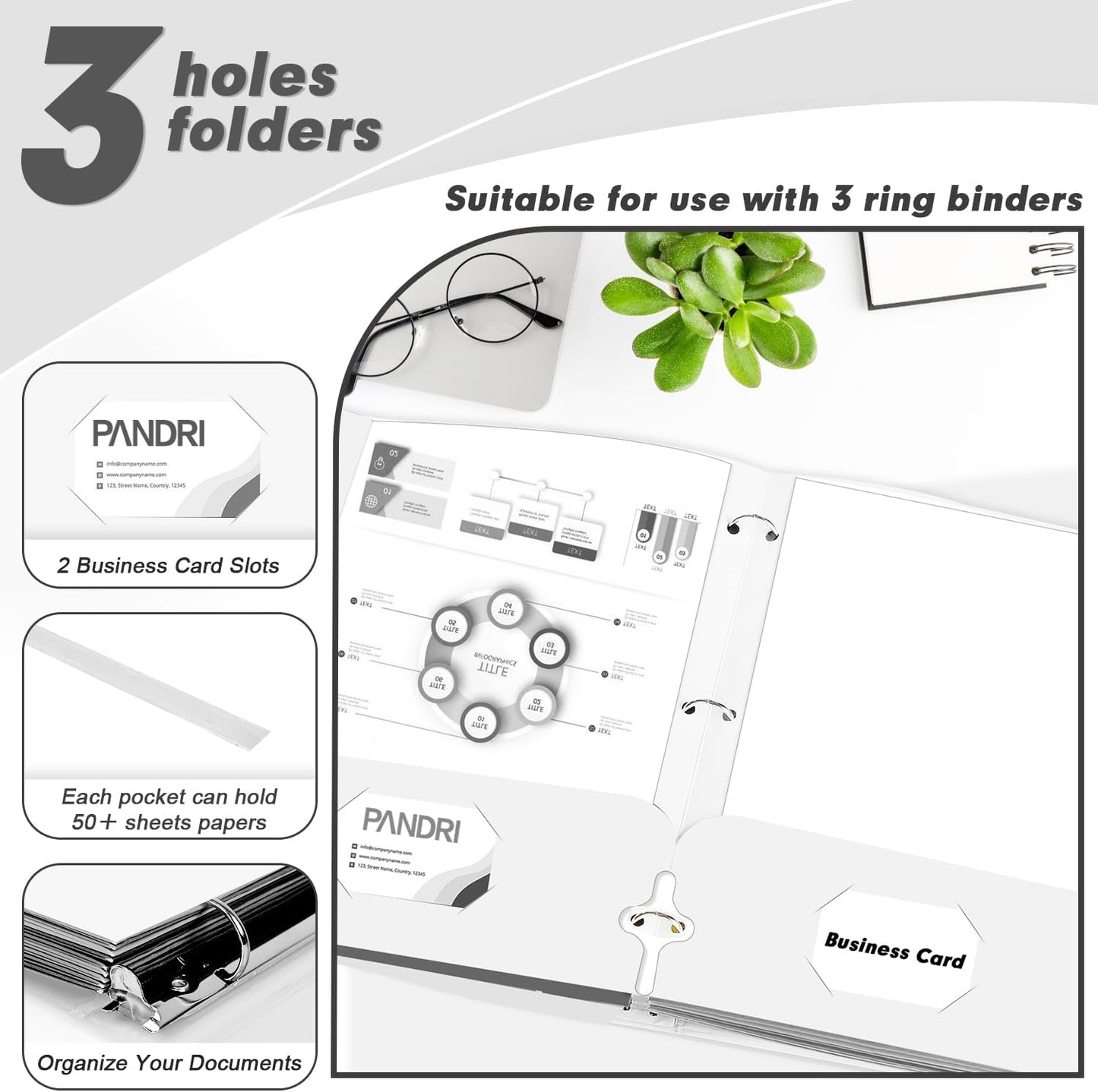 Two Pocket Portfolio Folders, PANDRI 60 Pack 3 Hole Punched 2 Pocket Folders for 3 Ring Binder, Letter Size Paper File Folder for School Office Home Business, White