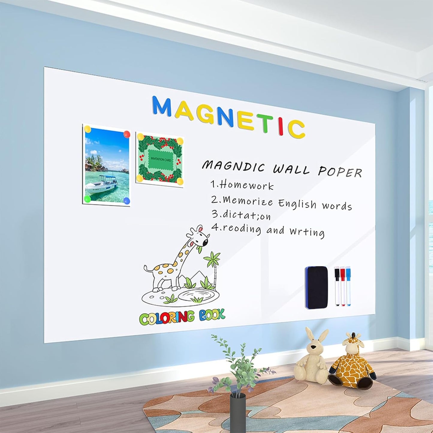Magnetic Whiteboard Contact Paper 24" x 36" Peel and Stick Dry Erase White Board for Wall Self-Adhesive Decal Wallpaper Sticker for Office, Home, with Marker, Eraser and Magnet