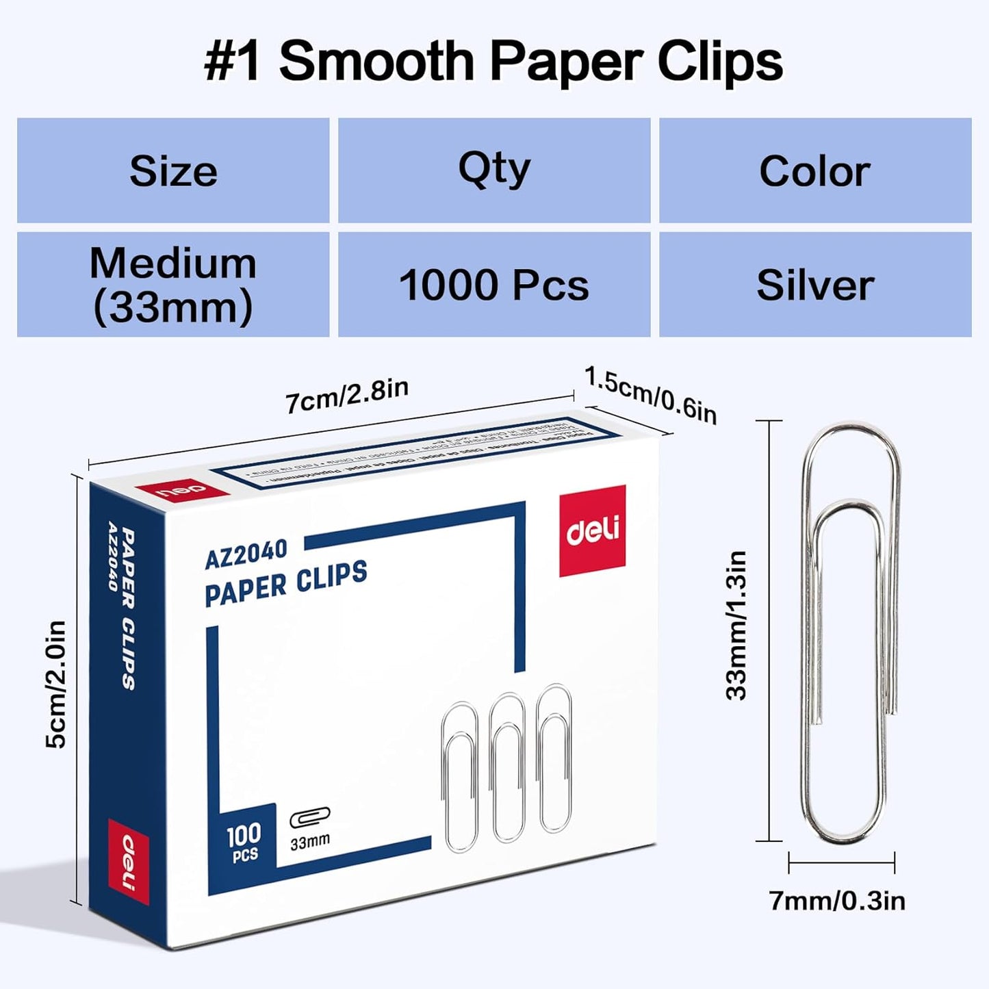 Deli #1 Smooth Paper Clips, 1000 Medium Paper Clips, 10 Boxes of 100 Each, Silver