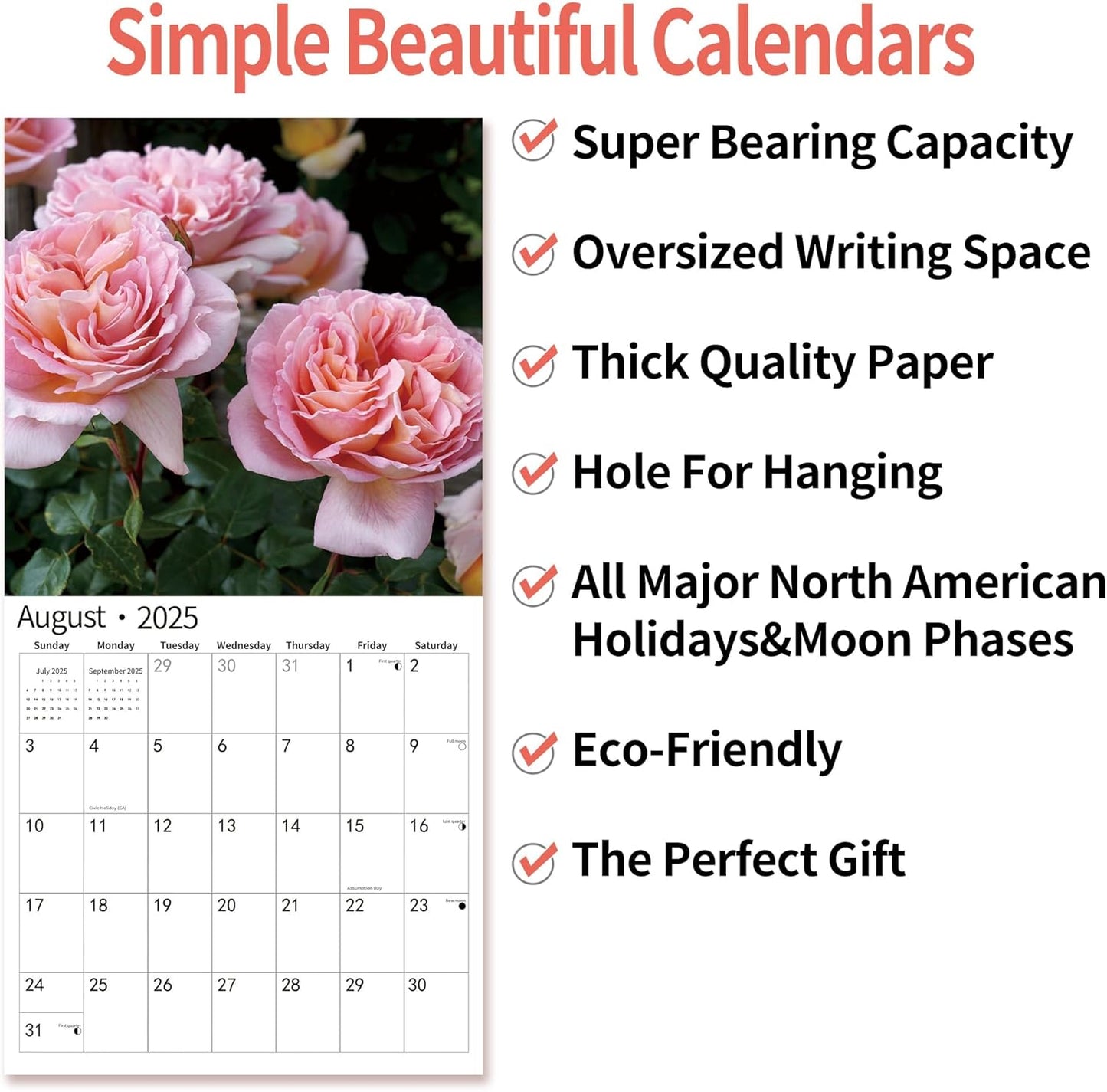 2025 Wall Calendar,Calendar 2025, January 2025 - December 2025, Wall Calendar Roses, 12" x 24" Opened,Full Page Months Thick & Sturdy Paper for Calendar Organizing & Planning