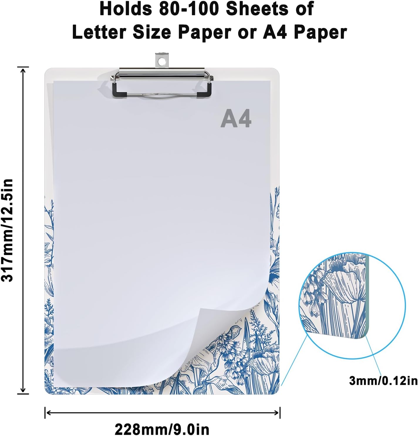 Clipboard Design Decorative Wood A4 Letter Size Clip Boards for Classroom Office, Standard Size 9" x 12.5" with Low Profile Metal Clip - Blue Flower