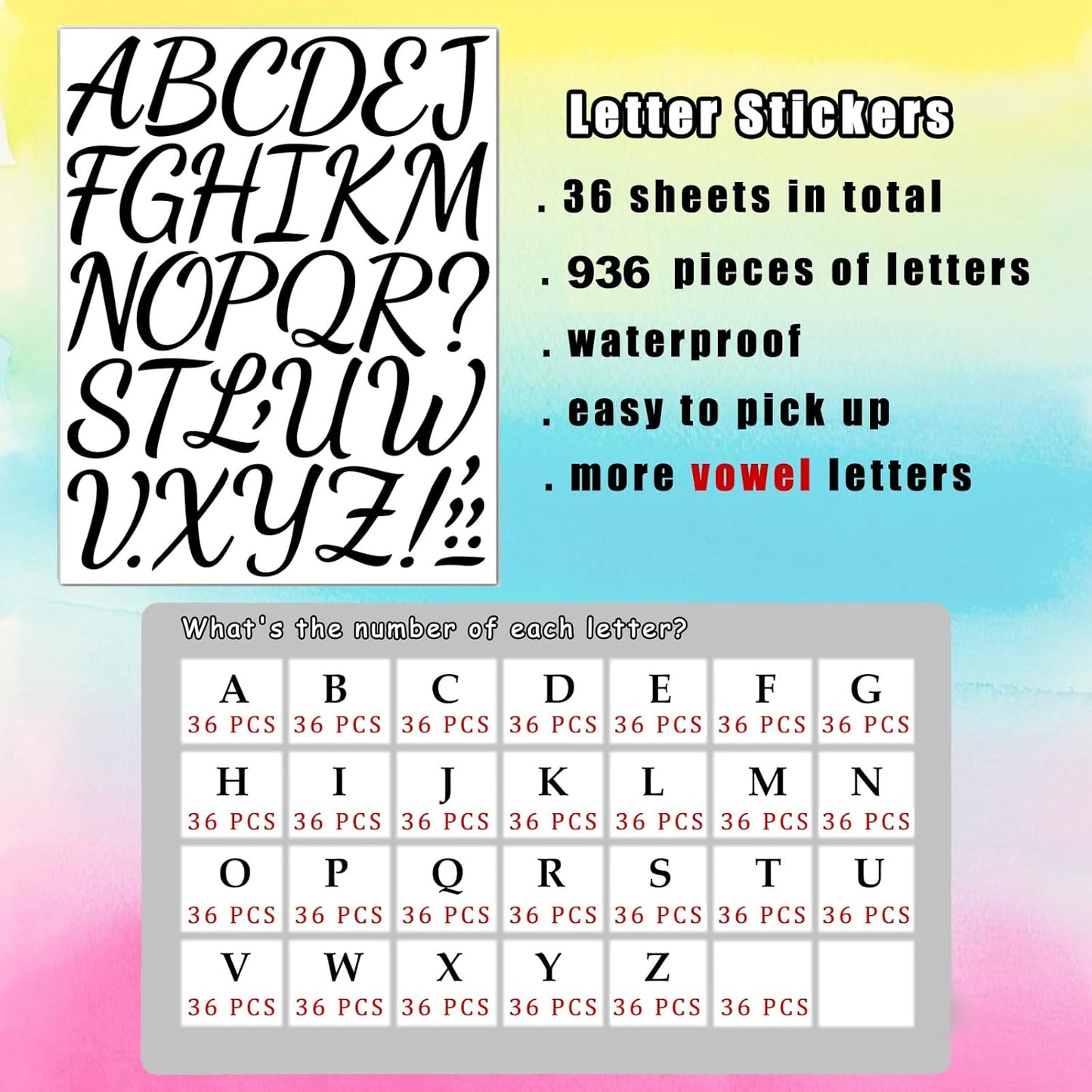 Bemeol 1296 Pieces Letter Stickers 36 Sheets 2 Inch Alphabet Letter Stickers Vinyl Self Adhesive Sticker Letters for Bulletin Board Home Classroom Mailbox Decor(Black)