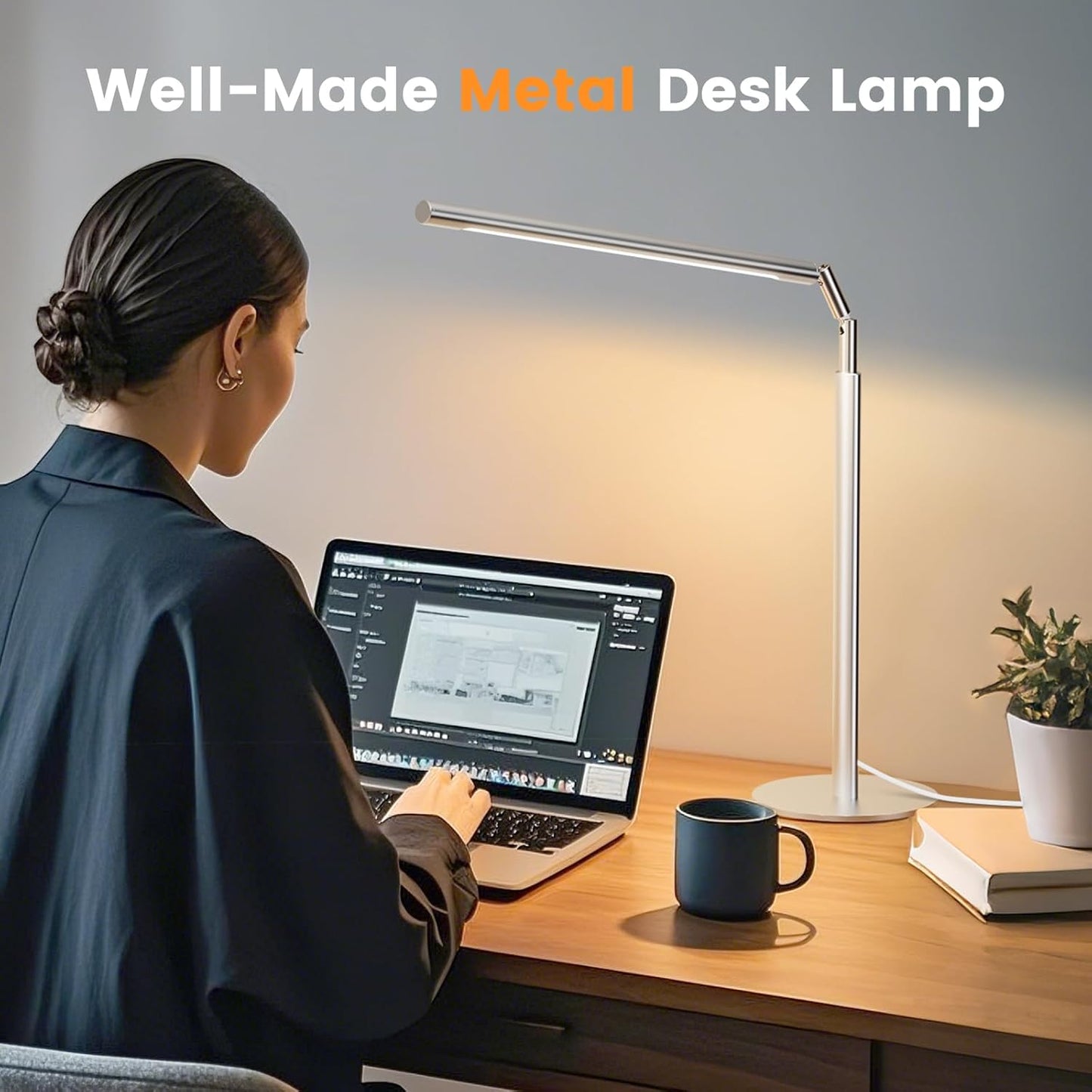 Metal Desk Lamp for Home Office - Foldable LED Table Lamp for Reading, 4 Color & 6 Brightness, 15W Dimmable Desk Light with Flexible Arm, Eye-Caring Desktop Lamp for College Dorm, Silver