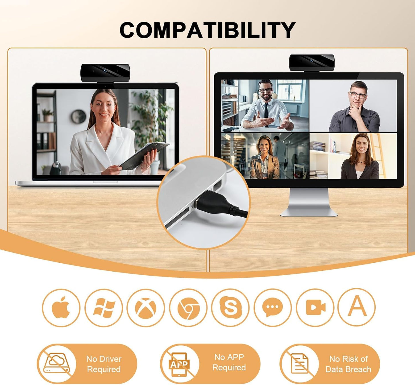 Webcam,Webcams for PC, Full HD 1080P Video Calling, HD Light Correction, Works with Skype, Zoom, FaceTime, Hangouts, PC/Mac/Laptop/MacBook/Tablet