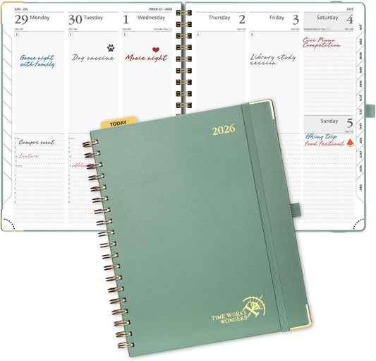 POPRUN 2026 Planner (Large Size 10'' x 8'' Wire-Bound Hard Cover) Daily Weekly and Monthly Calendar - Agenda 2026 (Jan.2026-Dec.2026) with Hourly Schedule, Monthly Tabs - Midnight Green