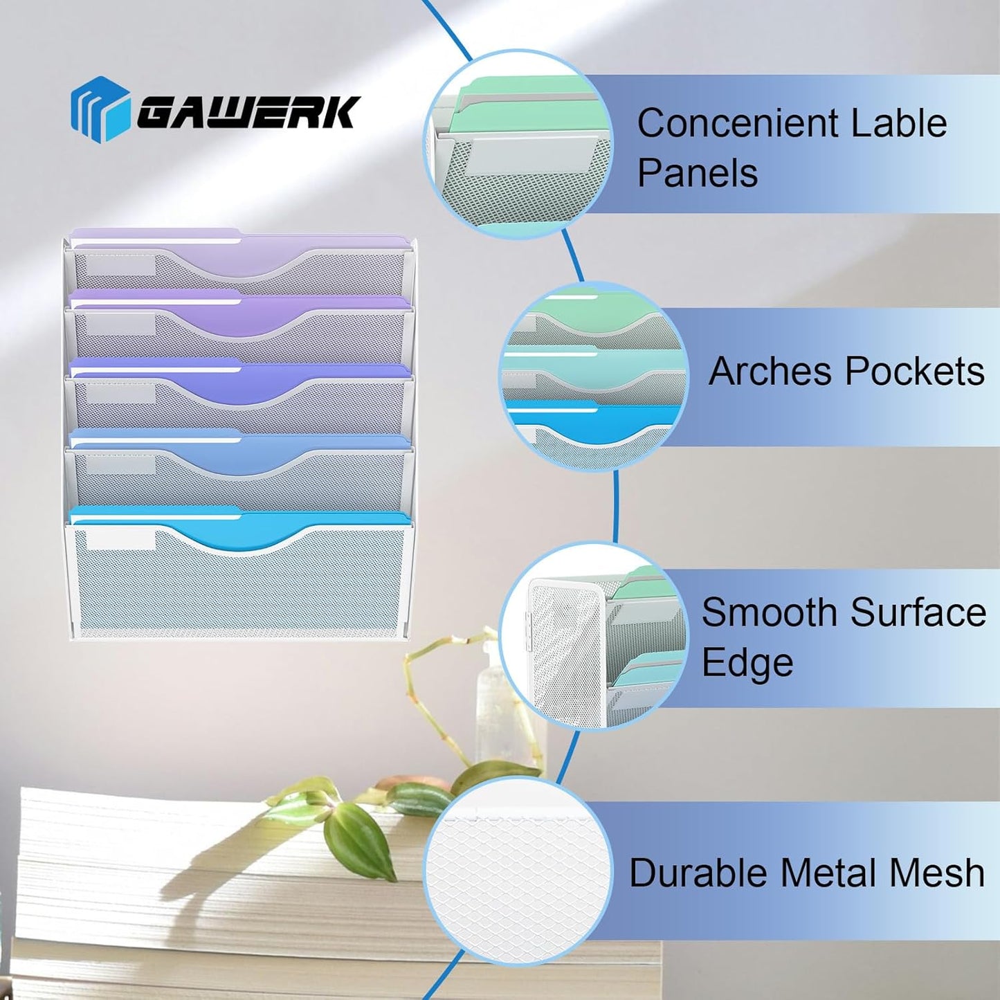 5 Tier Hanging Wall File Organizer, Mesh Mail Paper Orgnization Hanging File Folder Holder for Home Office, White