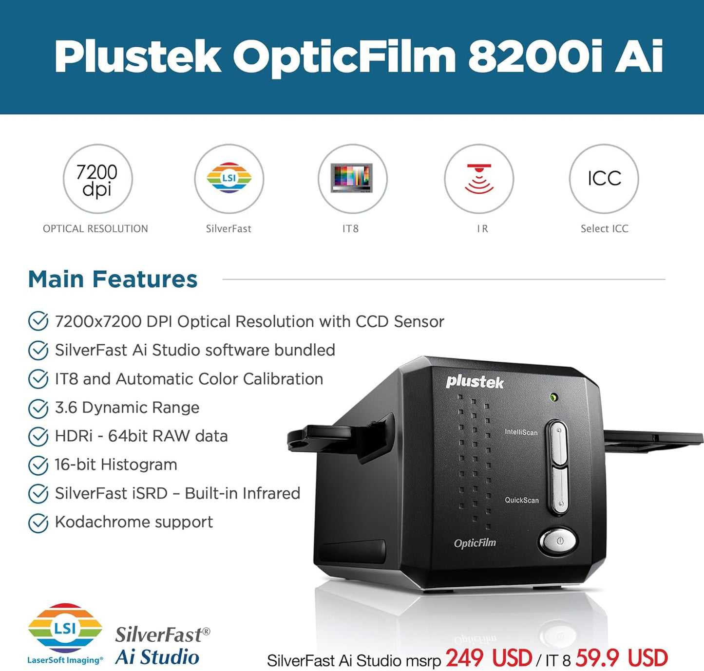 Plustek OpticFilm 8200i AI - 35mm Film & Slides Scanner. IT 8 Calibration Target + SilverFast Ai Studio 9, 7200 dpi Resolution 64Bit HDRi , Mac/PC