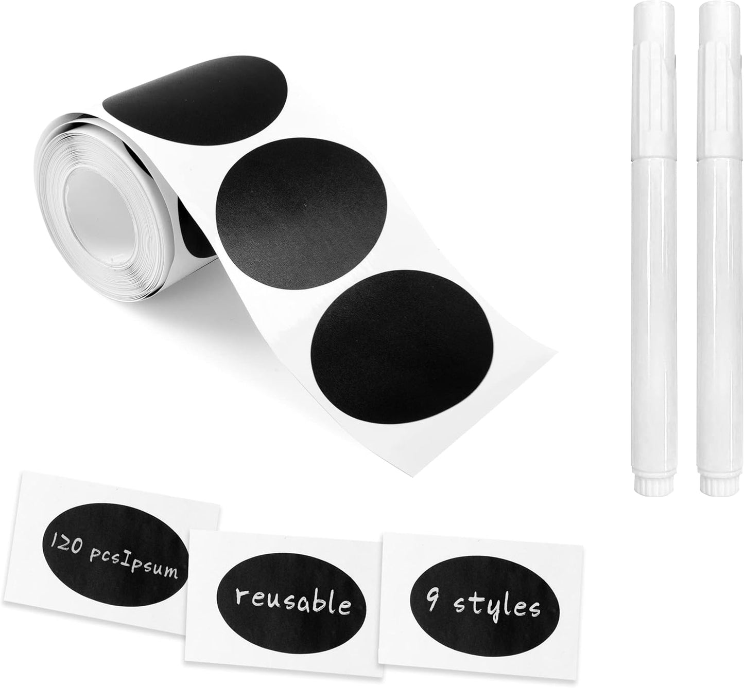 MUWOOB Chalkboard Labels, 120 Pcs Black Reusable Waterproof Labels Stickers with 2 White Chalk Markers, Kitchen Pantry Sticker Labels for Containers, Mason Jars, Condiments, Food Storage (Oval Shape)