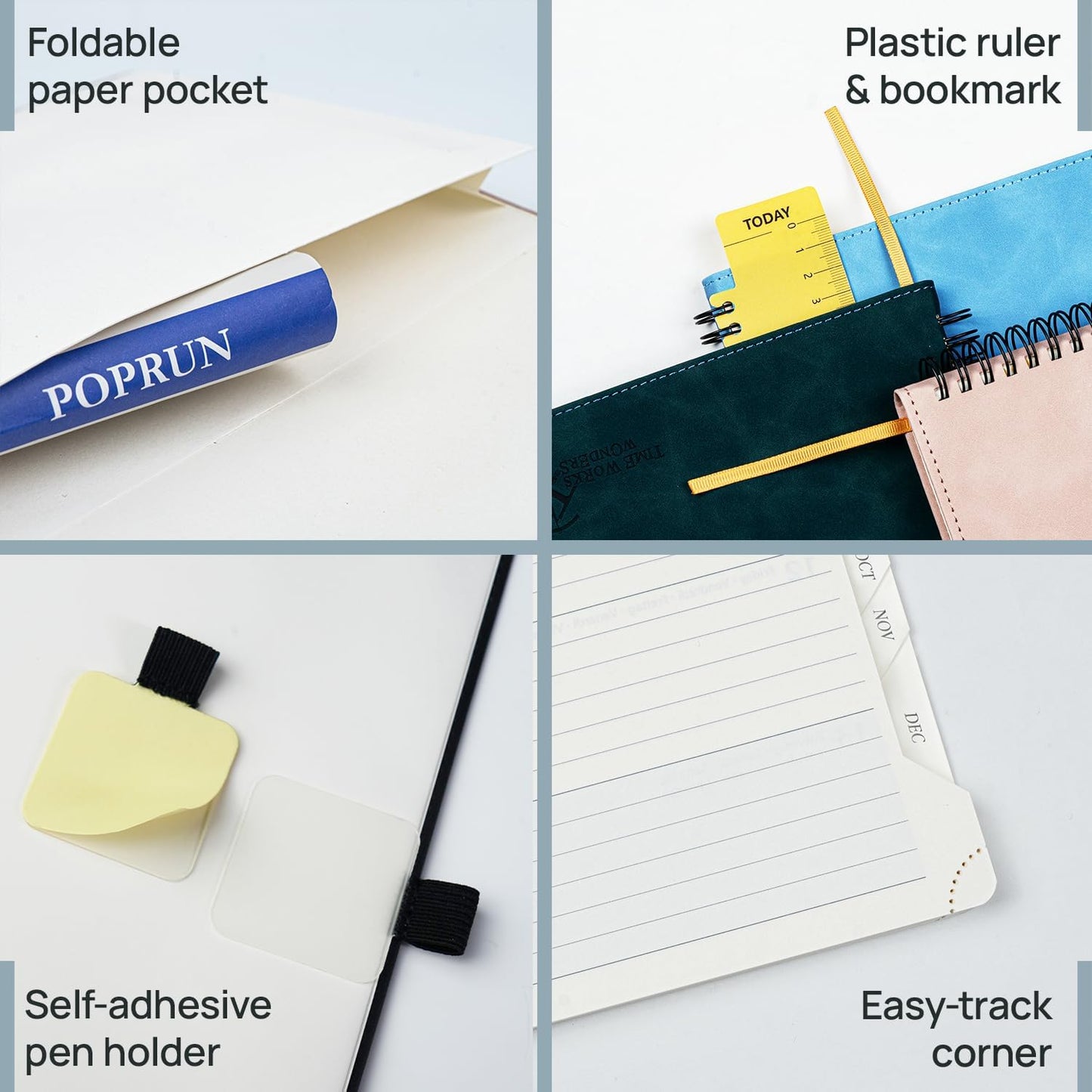 POPRUN 2026 Planner Weekly Notebook (Jan-Dec), Small Size 4''x 6.25'' - 2026 Pocket Calendar for Purse with Spiral Soft Cover, Plastic Ruler, Inner Pocket, 100 GSM - Brown