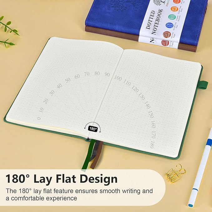 PERCUN Dotted Journal Notebook for Men & Women, 160 Pages Dot Grid notebook for Note Taking, Bullet Journaling Notebook for Work, School, Travel, Writing, A5 Hardcover 5.9" x 8.5"(Green)