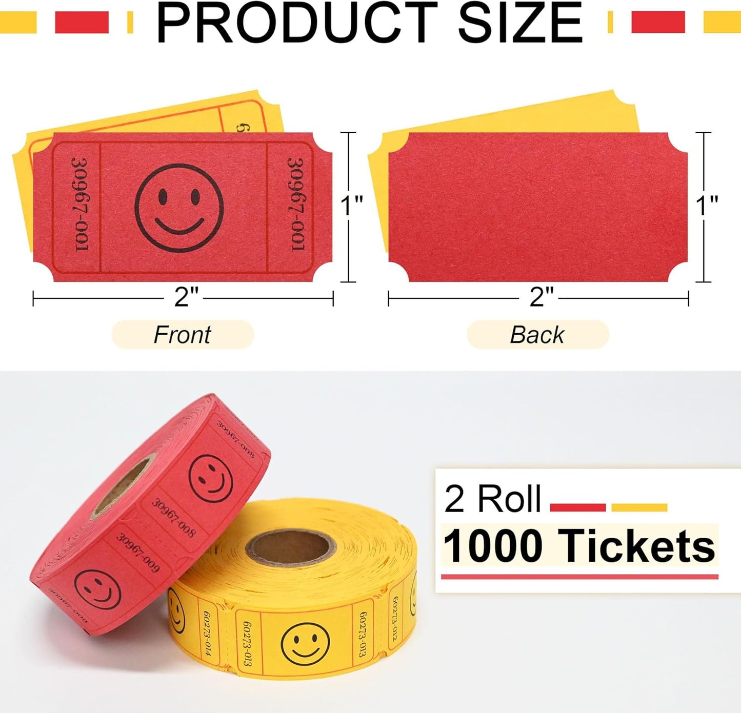 L LIKED Raffle Tickets, 1000 Count, Smile,2 Color Set of 500 1" x 2" Tickets, Single Rolls Raffle Tickets for Raffles, Carnival, Door Prizes and Class Reward-Yellow/Red