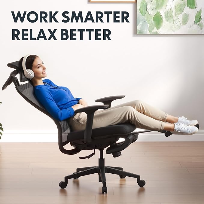 FLEXISPOT OC3 Cloud Ergonomic Office Chair with Footrest, High Back Computer Chair with Adjustable Lumbar Support/3D Headrest, Desk Chairs for Home Office Gaming Working, Black,Foam Seat,Cloud-F