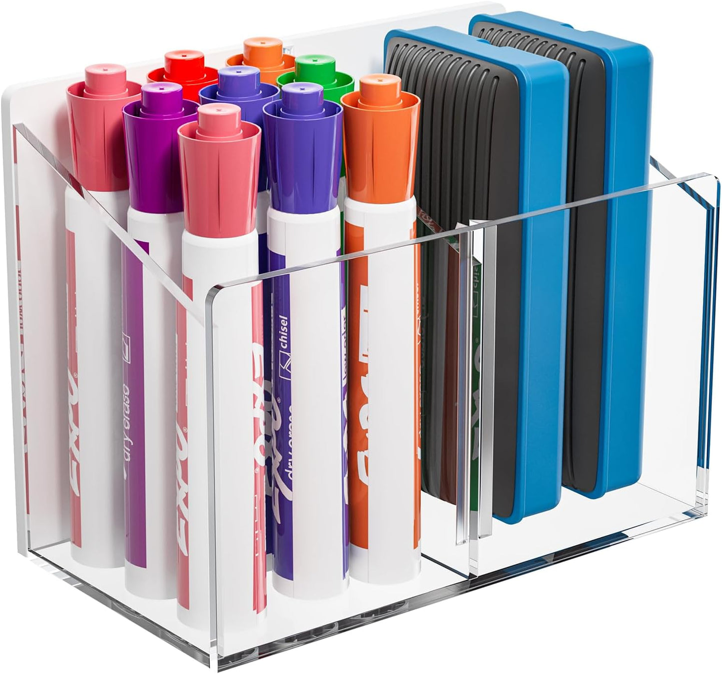 MaxGear Magnetic Marker Holder, Clear Acrylic Pen Organizer with 2 Compartments for Fridge, Locker, Whiteboard & Wall Pencil Cup - Includes Screws for Dry Erase Board Accessories