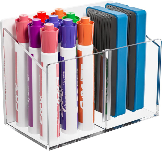 MaxGear Magnetic Marker Holder, Clear Acrylic Pen Organizer with 2 Compartments for Fridge, Locker, Whiteboard & Wall Pencil Cup - Includes Screws for Dry Erase Board Accessories