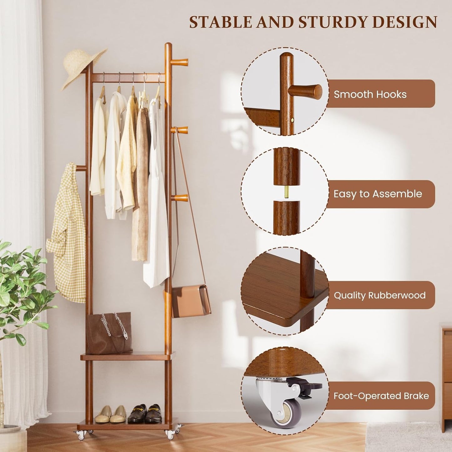 Coat Rack Freestanding Clothing Rack with Wheels & 2 Shelves Storage & 5 Hooks Heavy Duty Clothes Rack Wood Coat Tree Stand Hat Hanger Rack for Corner Bedroom Entryway Living Room Hotel
