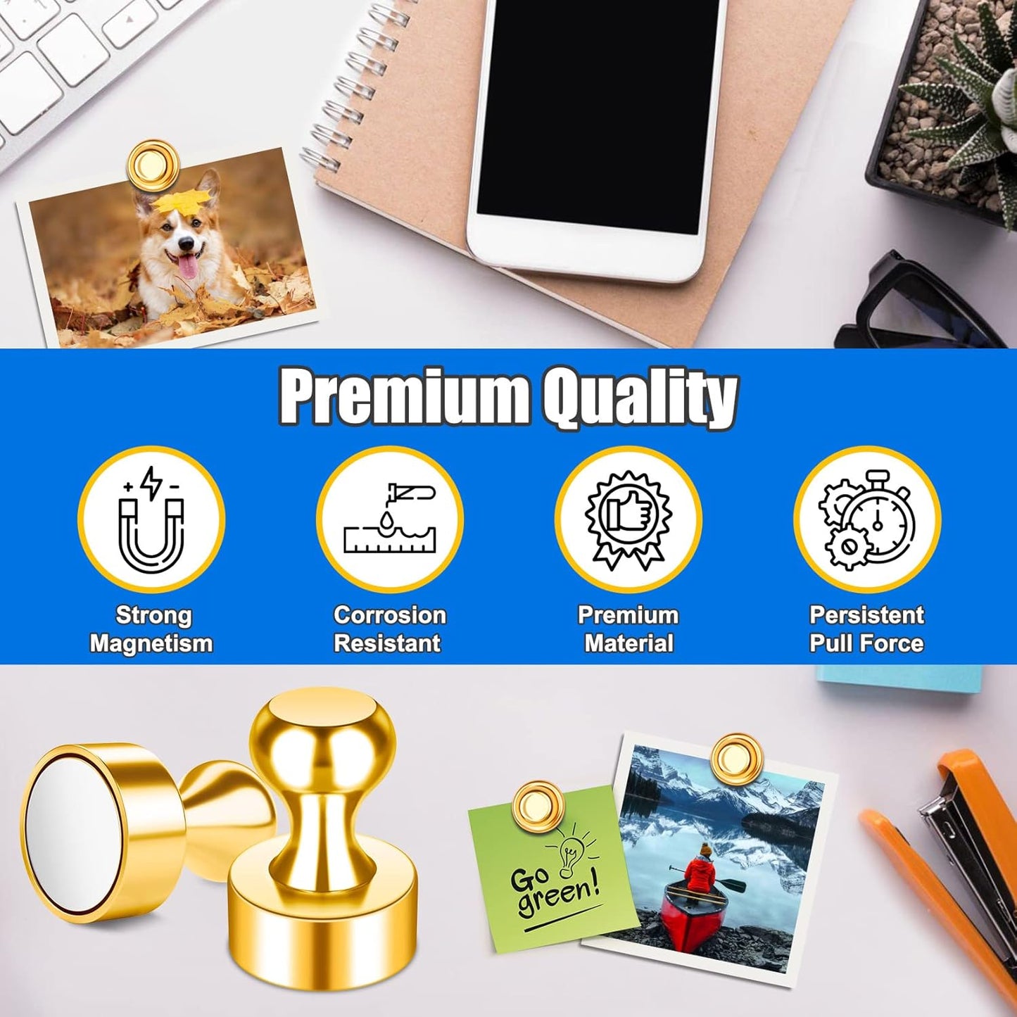 Magnetic Push Pins, Small Cute Fridge Magnets, Gold Strong Magnets for Whiteboard, Magnetic Clips for Refrigerator, Locker, Office Accessories, Kitchen Accessories, Pack of 120