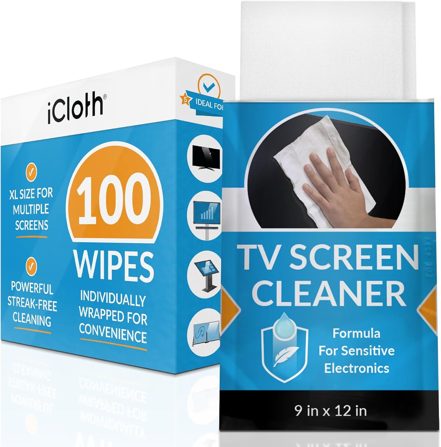 iCloth XL Screen Cleaning Wipes, Lint-Free and Streak-Free, Fast-Drying, Removes Dust, Fingerprints, and Smudges (100 XL Wipes)