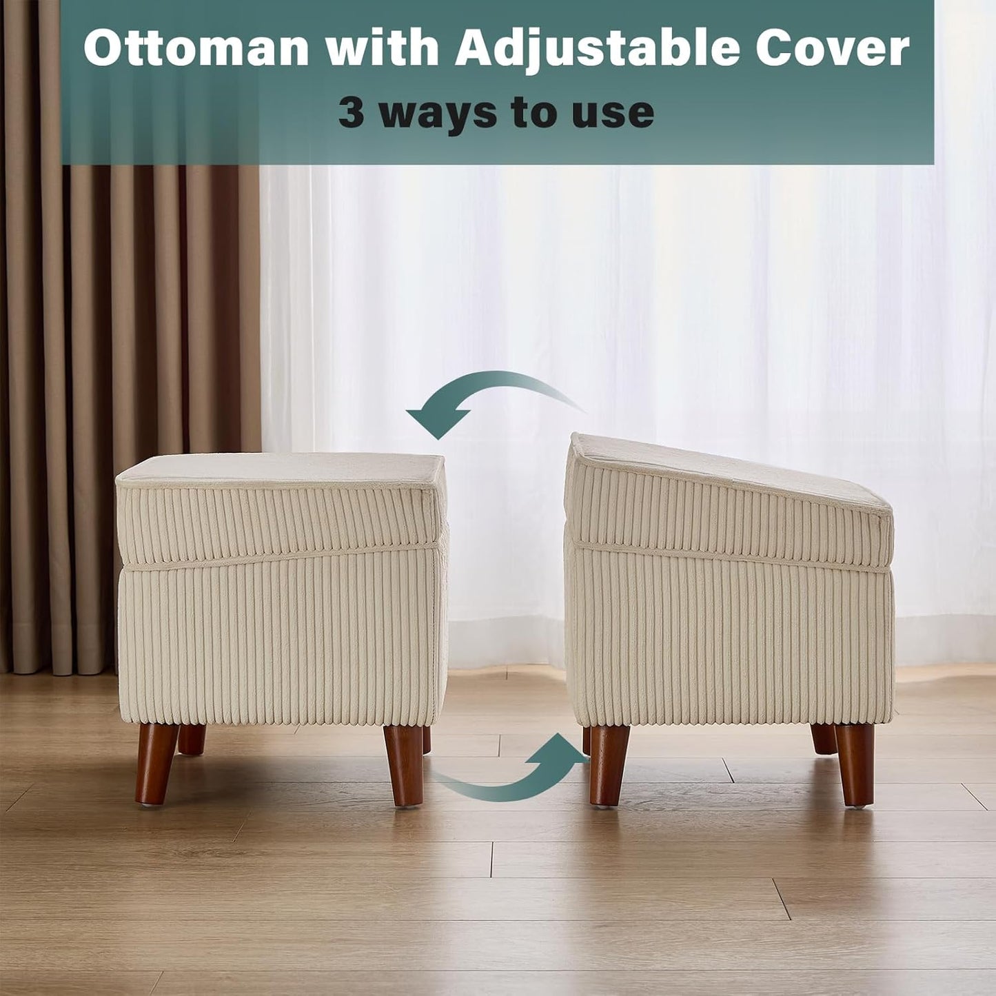 Storage Ottoman with Adjustable Lid, Soft Step Stool, Footrest and Seat, Ottoman Foot Rest for Living Room, Bedroom, Dorm, Beige