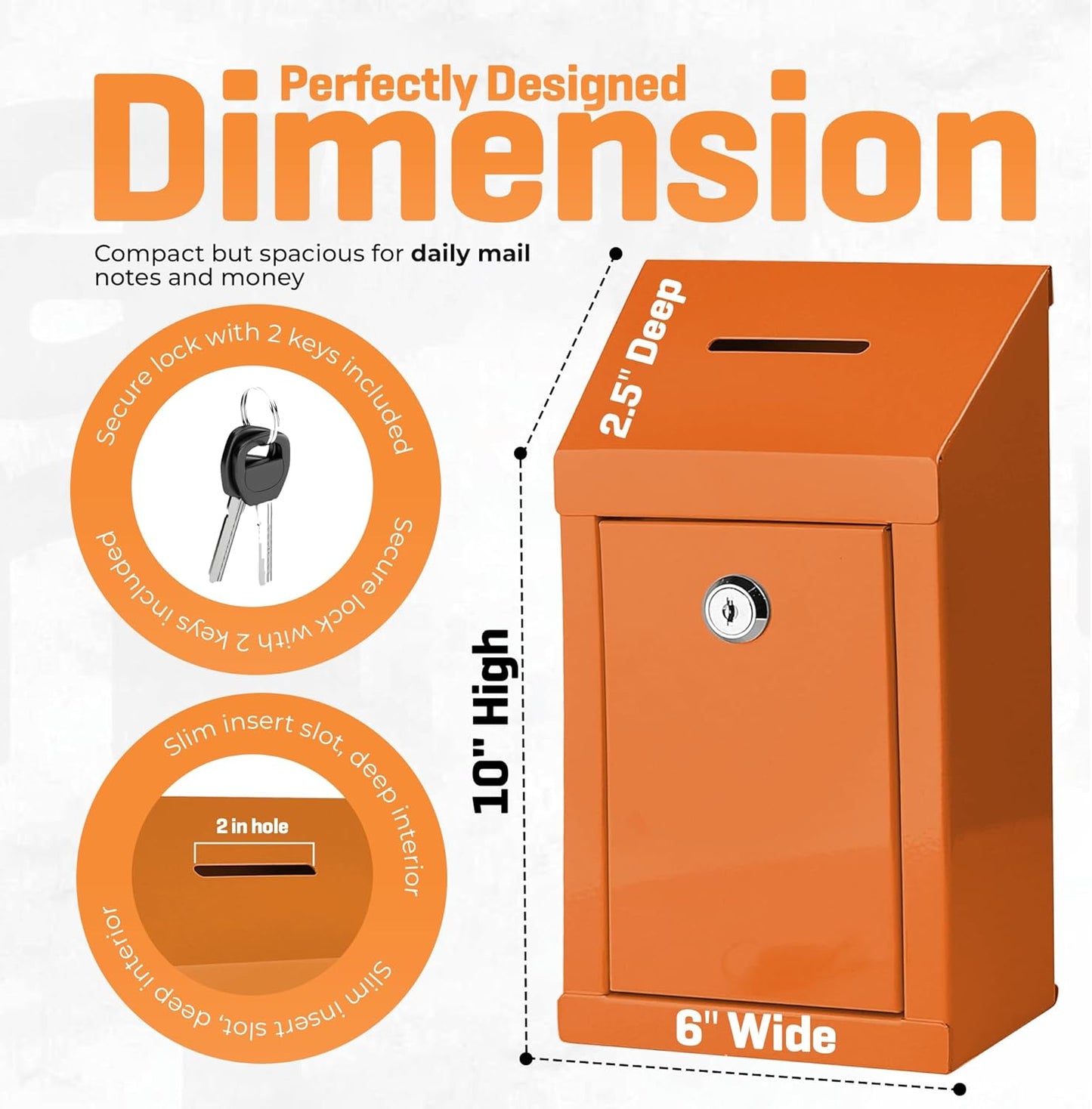 Metal Donation Box-Suggestion Box with Slot and lock-Cash Lock box for Money-Secure Drop Box-Comment and ballot voting box-comes with pre-drilled holes for easy wall mounting 10 X 6 X 2.5"(Orange)