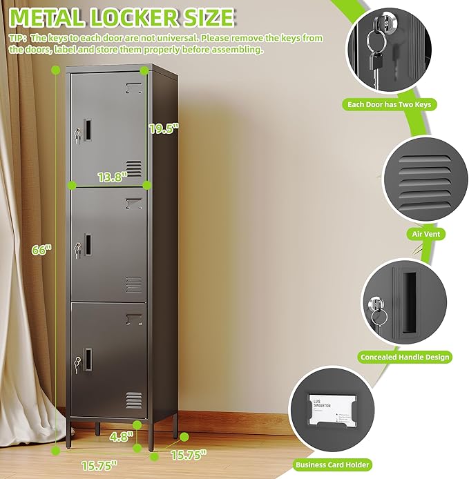 Aobabo 16" W 3 Door Metal Storage Locker with Lock, 66" H Steel Locker with Name Card Holder and Metal Hook for School, Home, Office, Playroom, Assembly Required, Black