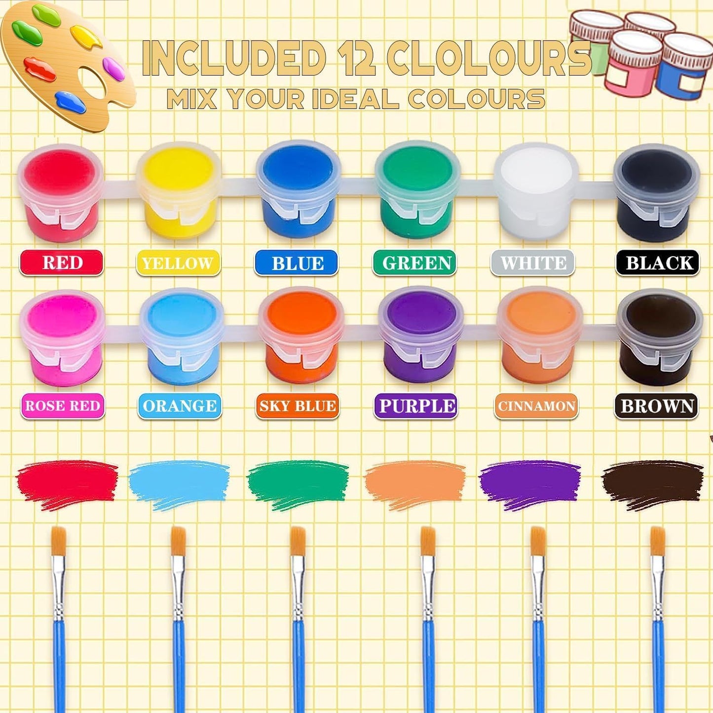 30 Pack Mini Acrylic Paint Set,12 Color Acrylic Paint Strips with 60Pcs Painting Brushes for Kids&Adults, 420 PCS Kids Paint Set Container Strips Storage for Home Classroom Party Favors Birthday Gifts