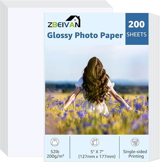 ZBEIVAN 5x7 Photo Paper, Glossy Photo Papers 200 Sheets, 5 x 7 Inkjet Printer Photo Paper for Dye Ink, 200 GSM