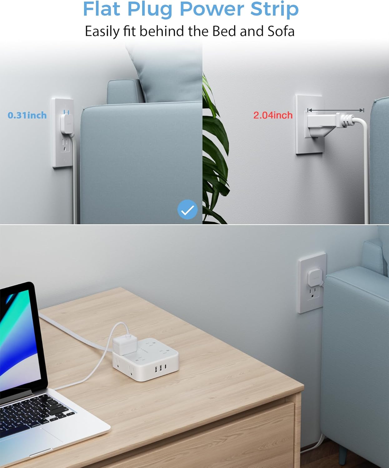 Power Strip Surge Protector 10 Ft Cord, 8 AC Outlets, 3 USB Charger(1 USB C Port), TESSAN Ultra Thin Extension Cord, Flat Plug, 900 Joules Protection, Desk Charging Station for Home, Office