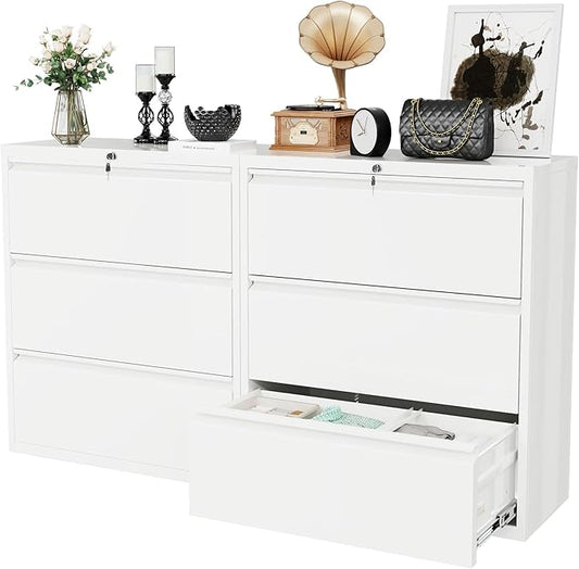 Superday Lateral File Cabinet 3 Drawer Metal File Cabinet with Lock, White Filing Cabinets for Home Office, Locking Filing Cabinets Hanging Files Letter/Legal/F4/A4