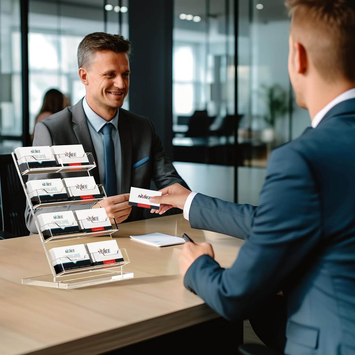 NIUBEE Acrylic Business Card Holder for Desk 4 Tier Clear Business Card Stand, Business Card Display for Office Exhibition, 520 Cards Capacity, 8 Slots