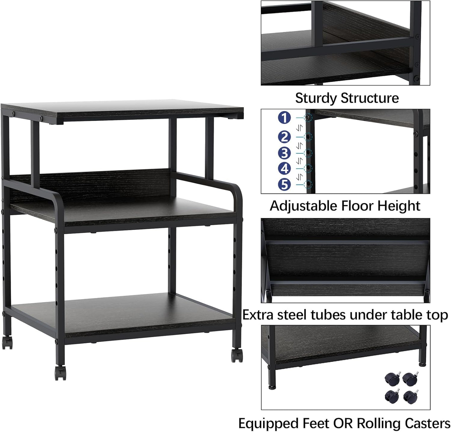 Large Printer Stand with Storage Shelf, 23.6" W x 18.9" D Printer Cart with Wheels, 3 Tier Mobile Printer Table for Home Office,Stands for Heat Press Scanner Fax (Black)