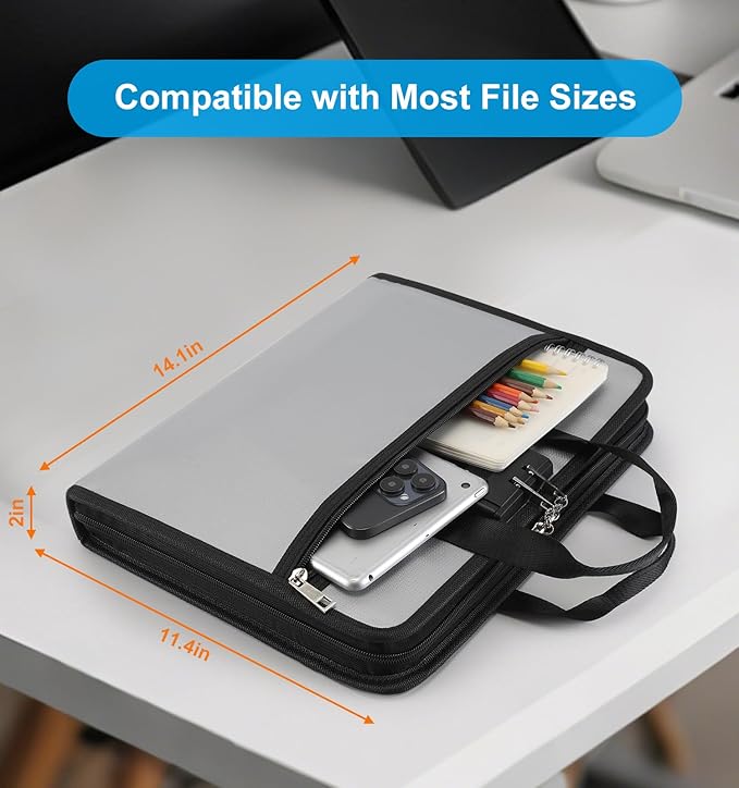 Accordion File Organizer with Lock, Fireproof, Letter/A4-Size Expanding File Folder with Tabs, 13 Pockets Important Document Organizer with Handle, Portable Paperwork Business Organizer, Silver