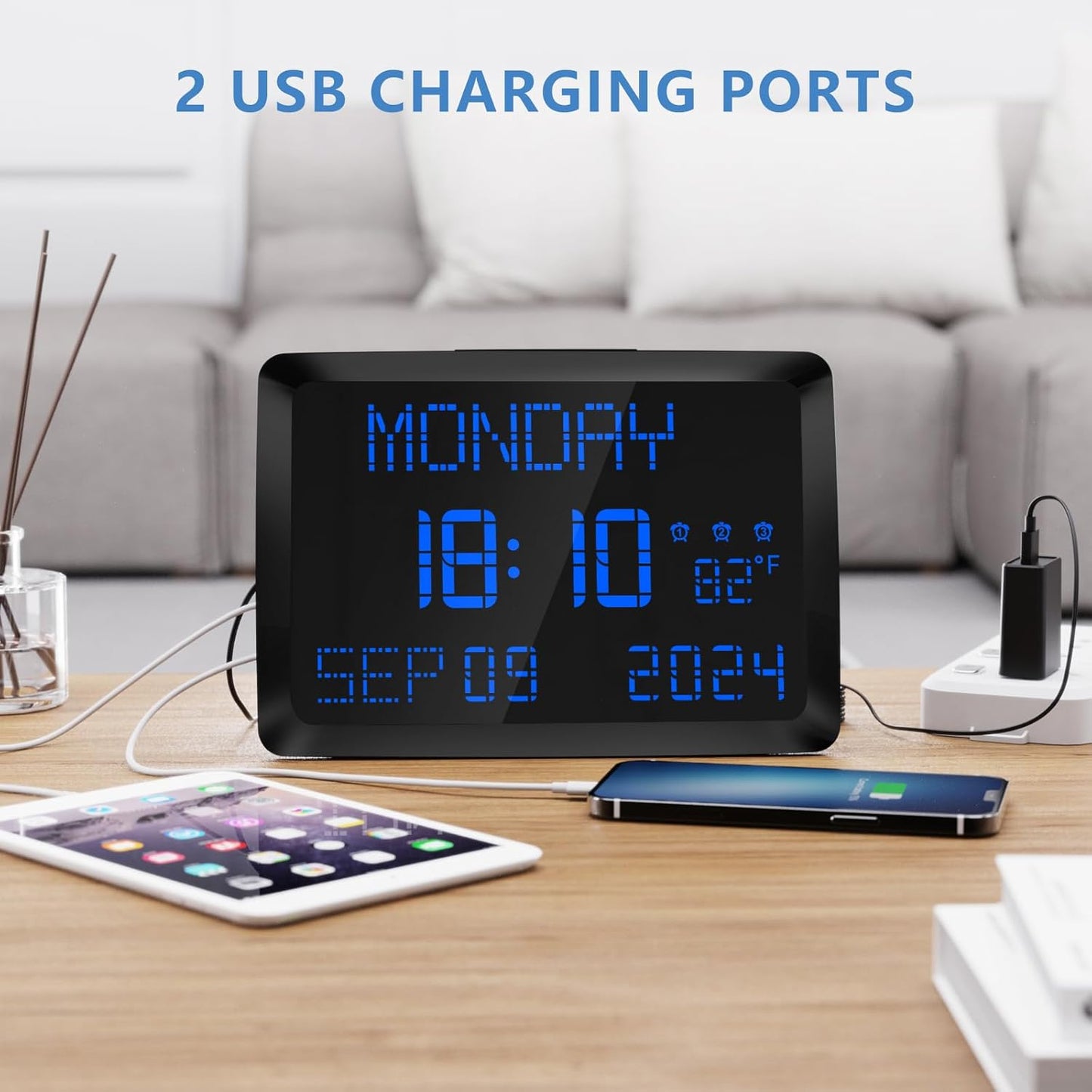 Raynic Digital Clock, 11.5" Large Display Calendar Clock with Day and Date, Indoor Temperature, Adjustable Brightness, Snooze,12/24H, DST for Home, Office, Elderly