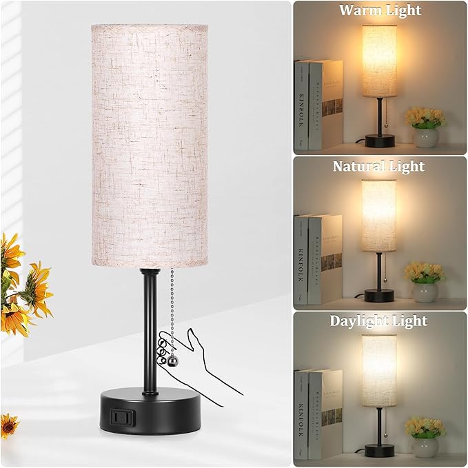 Bedside Table Lamp for Bedroom, 3-Color Small Lamps with Pull Chain, Bedroom Table Lamps for Night stands,Desk Reading Light AC Outlet Nightstand Lamp for Living Room Decor/Dorm/Office Bulb Included