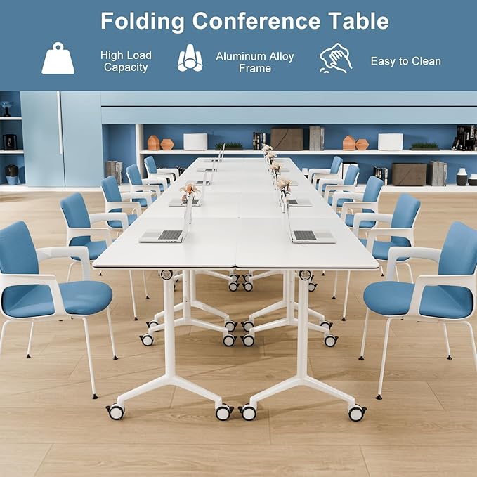 6Pack Folding Conference Room Table, Modern Conference Tables with Silent Wheels, Large Rectangular Mobile Training Tables for Office Classroom, Foldable Modular Seminar Table White (L63in)