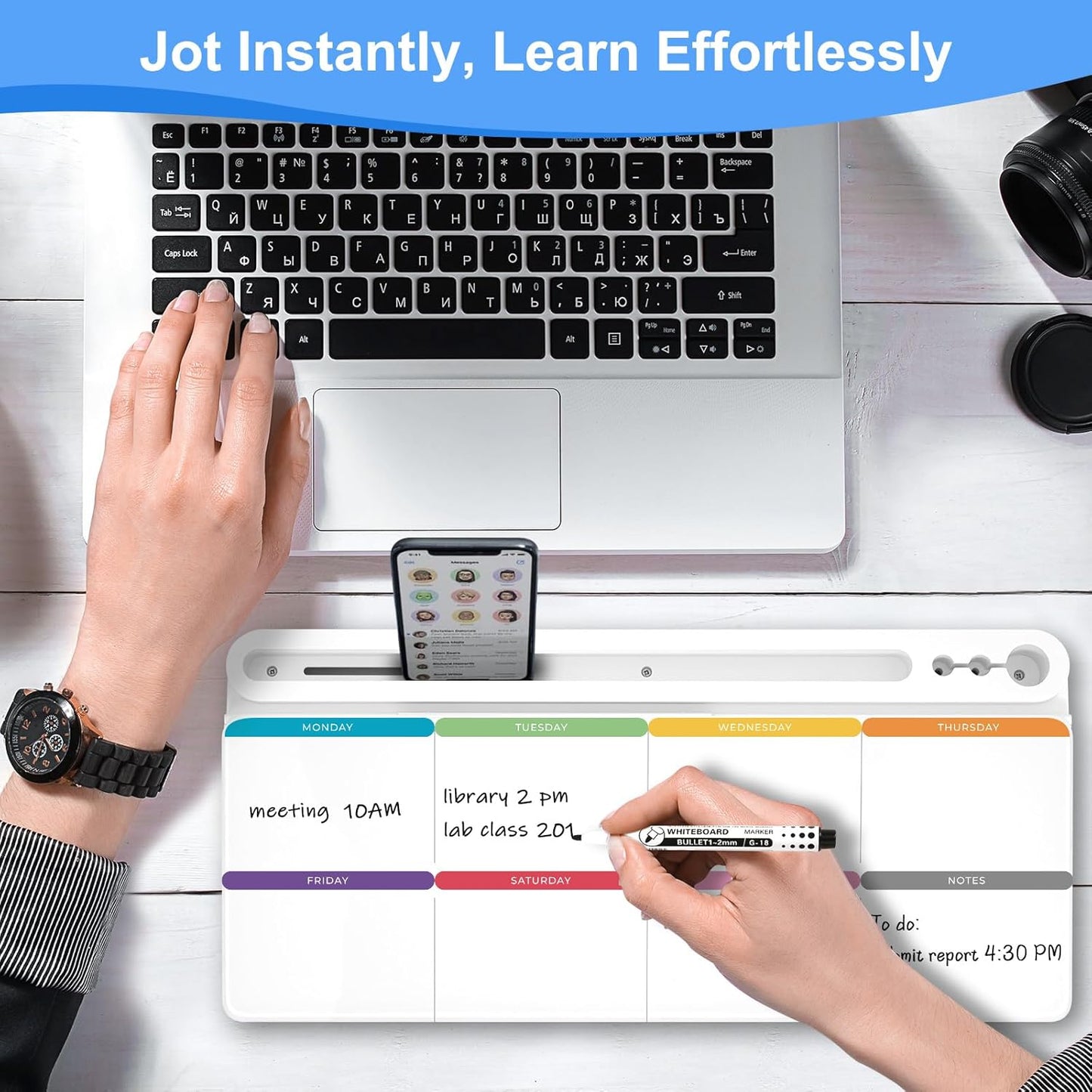 Desktop Glass Whiteboard with Storage, Colorful Weekly Calendar Desk Dry Erase White Board, Desk Organizers and Accessories, Weekly Planner Board with Notes for Planning, Memo, Office, Home, School