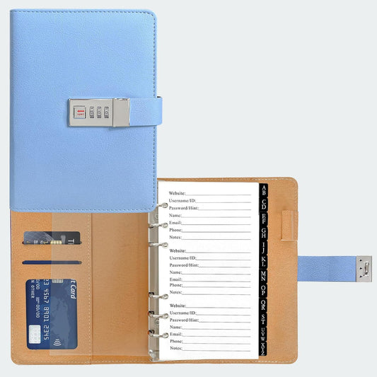 BTSFTOGET Refillable Password Book Binder with Alphabetical Tabs and Lock, 576 Passwords Large Print, 316 Pages Password Keeper for Computer & Website Logins & Phone, Blue PU Hardcover, 7.5in x 5.5in