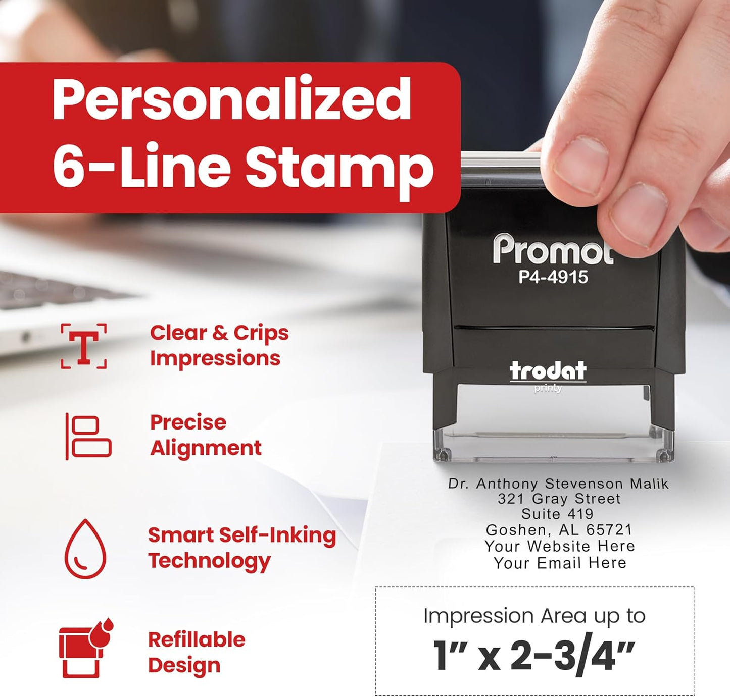 Promot Self Inking Stamp - Extra Large Wide Custom Stamp for Name, Address, Office, or Business Use - Up to 8-Line Personalized Rubber Stamp - Customizable Font & Ink Color - Personalized Name Stamp