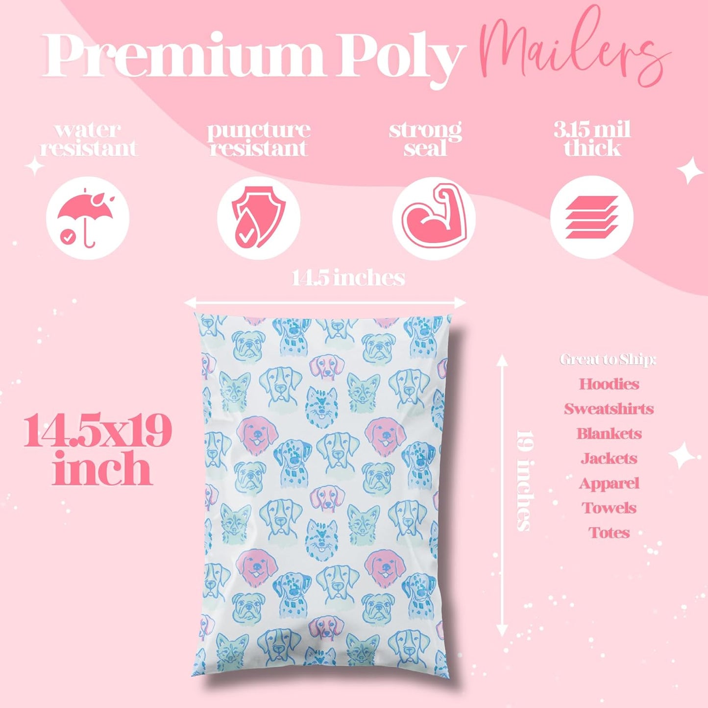 14.5x19 Designer Poly Mailer 100 Pack Heavy Duty Waterproof Self Seal Shipping Bags for Small Business Large Mailing Envelopes Bulk Tear Resistant Packaging Pretty Pups Puppy Dogs