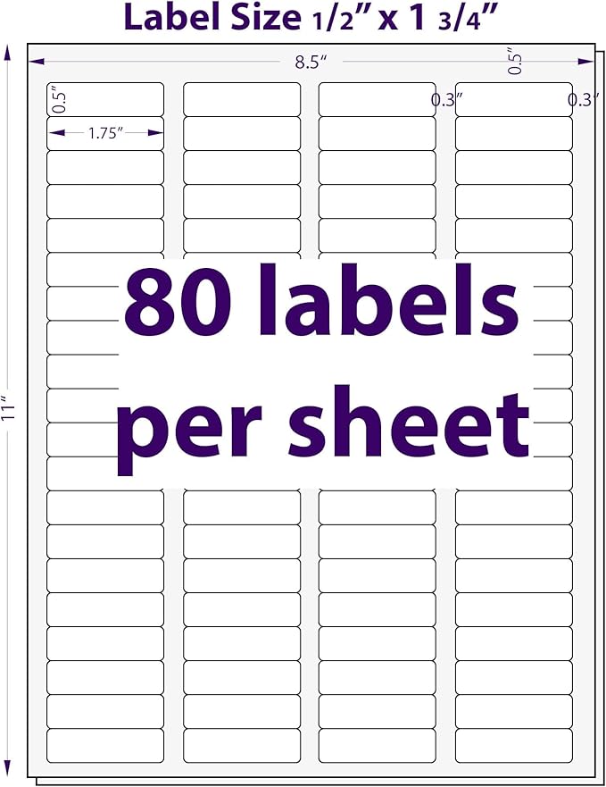 1/2" x 1-3/4", 100 Sheets, 8000 Return Address Labels for Laser & Inkjet Printers, Letter Size