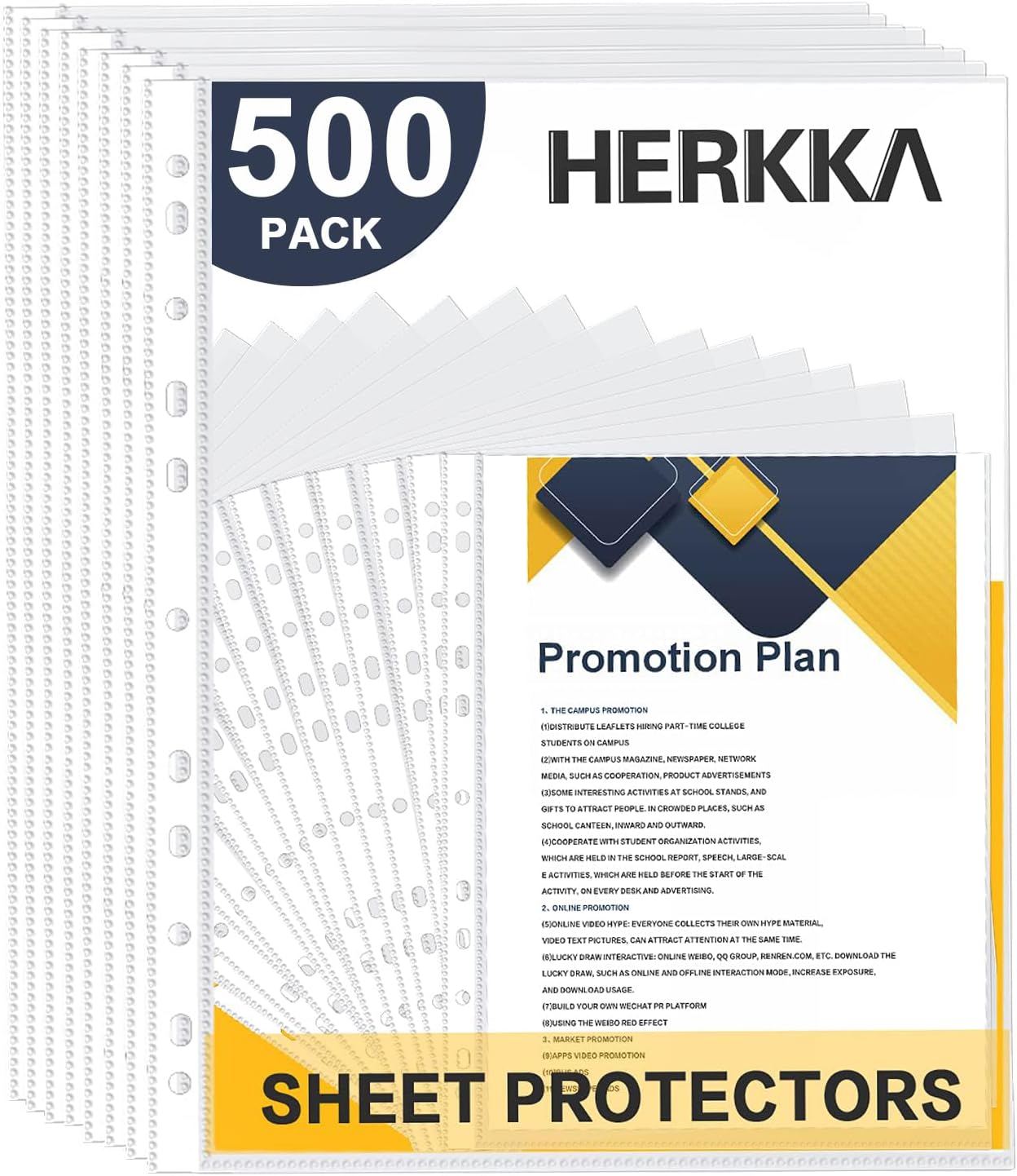 Sheet Protectors, HERKKA 500 Pack Upgrade Clear Plastic Page Protectors Sheet Reinforced 11-Hole Fit for 3 Ring Binder Fits Standard 8.5 x 11 Paper, 9.25 x 11.25 Top Loaded, Acid Free
