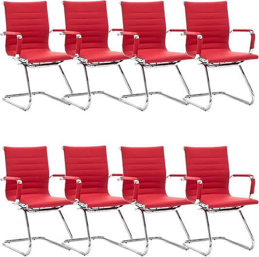 Office Desk Chair Set of 8,No Wheels PU Leather Computer Chairs Mid Back Guest Chairs with Seld Base for School/Reception/Conference/Waiting Room,Burgundy Red