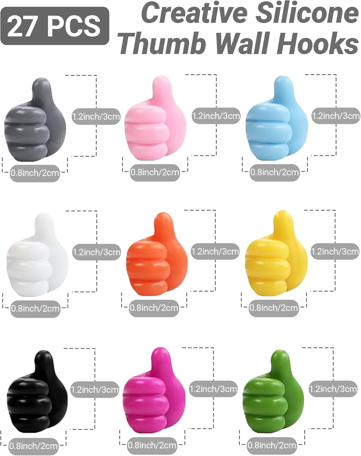 27 Pack Creative Silicone Thumb Wall Hook - Multifunction Adhesive Cable Clip - Self Adhesive Hooks for Cable Organization - Self Adhesive Thumb Cable Organizer Clips Key Hanger, 9 Colors