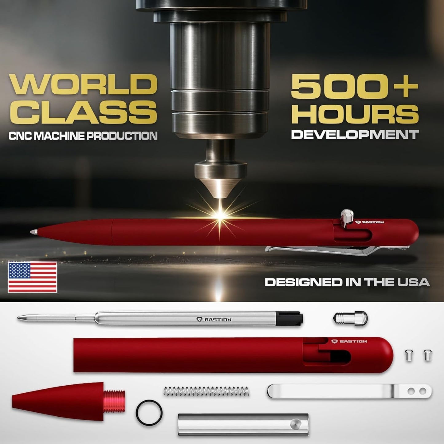 BASTION® Luxury Slim Bolt Action Pen, Lightweight Aluminum EDC Pen with Fine Tip, Professional Ballpoint Pen for School and Work - Red